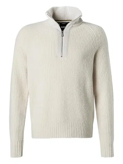 Hugo Boss Ribbed High-neck Half-zip Sweater In White