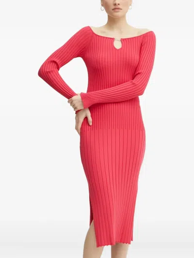 Hugo Boss Ribbed Keyhole Midi Dress In Pink
