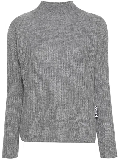 Hugo Boss Ribbed-knit Brushed Jumper In Grey