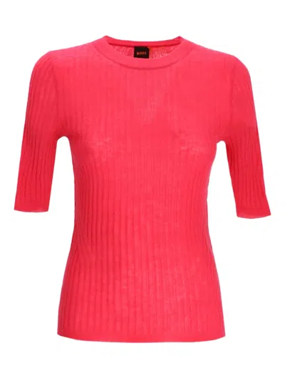 Hugo Boss Ribbed-knit T-shirt In Pink