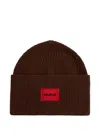 Hugo Boss Ribbed Logo-patch Beanie In Burgundy