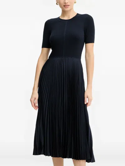 Hugo Boss Ribbed Pleated Midi Dress In Blue
