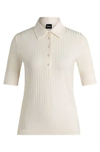 Hugo Boss Ribbed Polo-collar T-shirt With Plain Trims In Open White