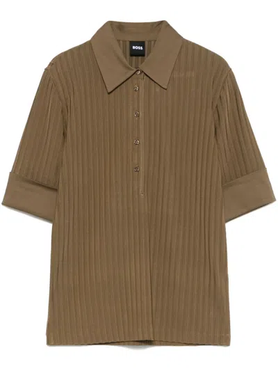 Hugo Boss Ribbed Polo Top In Brown