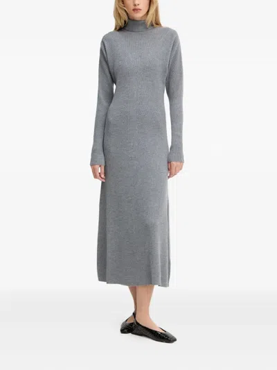 Hugo Boss Ribbed Roll-neck Midi Dress In Gray