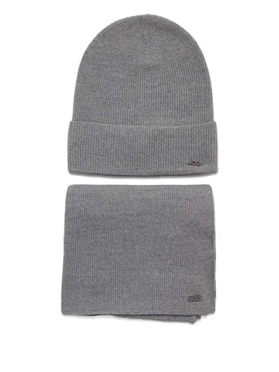 Hugo Boss Ribbed Scarf Beanie Set In Gray