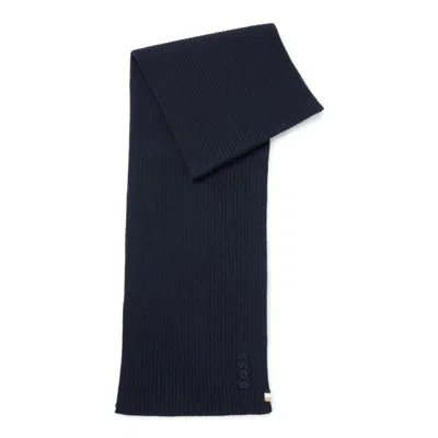 Hugo Boss Ribbed Scarf In A Cotton Blend With Logo Details In Dark Blue