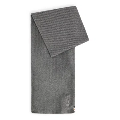 Hugo Boss Ribbed Scarf In A Cotton Blend With Logo Details In Grey