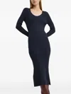 Hugo Boss Long-sleeved Knitted Dress With Ribbed Structure And V Neckline In Blue