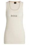 Hugo Boss Ribbed Stretch-cotton Tank Top With Crystal Logo Badge In White