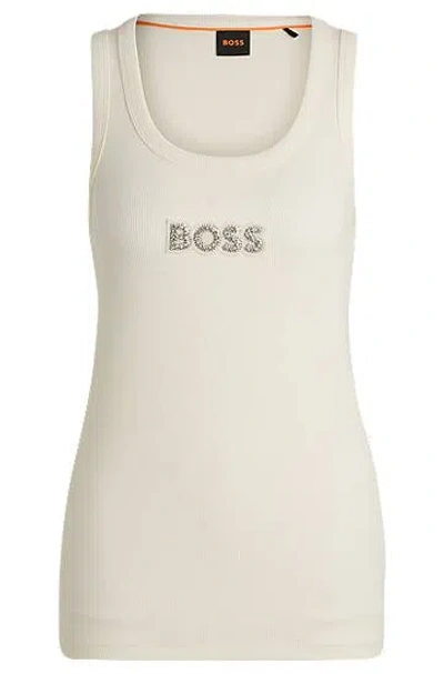 Hugo Boss Ribbed Stretch-cotton Tank Top With Crystal Logo Badge In White