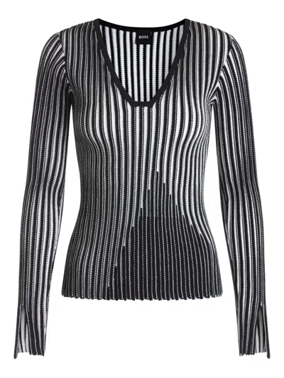 Hugo Boss Ribbed V-neck Sweater In Black