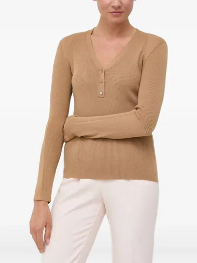 Hugo Boss Ribbed V-neck Sweater In Brown