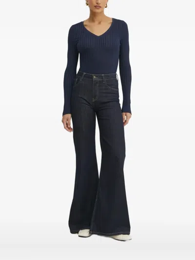 Hugo Boss Ribbed V-neck Top In Blue