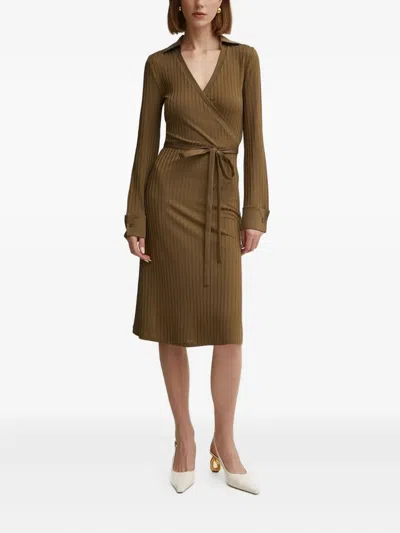 Hugo Boss Ribbed Wrap Mini Dress In Brown