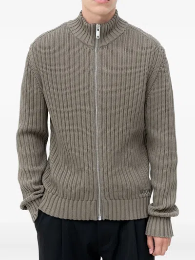 Hugo Boss Ribbed Zip Cardigan In Gray
