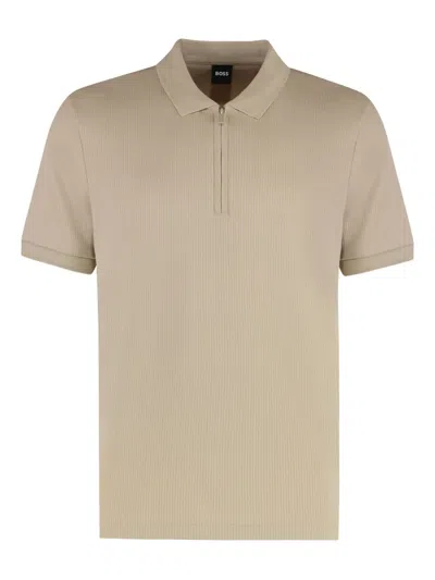Hugo Boss Ribbed Zip-neck Polo Shirt In Neutral