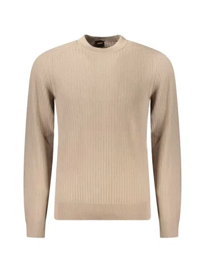 Hugo Boss Ribbed-knit Cotton Sweater In Neutral