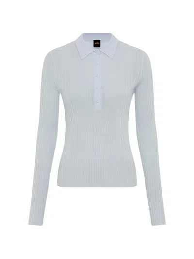 Hugo Boss Ribbed-knit Polo Top In Blue