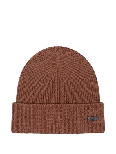 Hugo Boss Rib-knit Virgin-wool Beanie With Logo Plaque In Brown