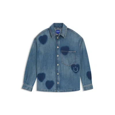 Hugo Boss Rigid-denim Shirt With Printed Hearts In Blue