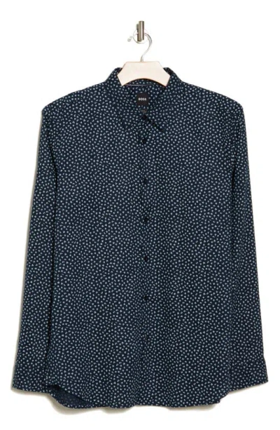 Hugo Boss Roger F Slim Fit Linen Blend Button-up Shirt In Dark Blue