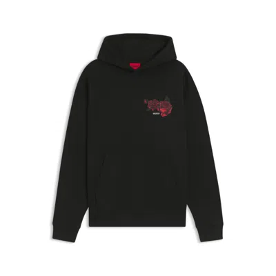 Hugo Boss Rose-artwork Hoodie In Cotton Terry In Black