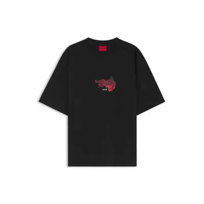Hugo Boss Rose-artwork T-shirt In Cotton Jersey In Black