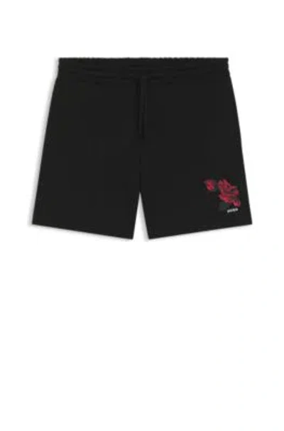 Hugo Boss Rose-artwork Shorts In Cotton Terry In Black