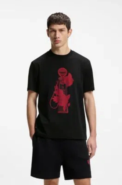 Hugo Boss Rose-artwork T-shirt In Cotton Jersey In Black
