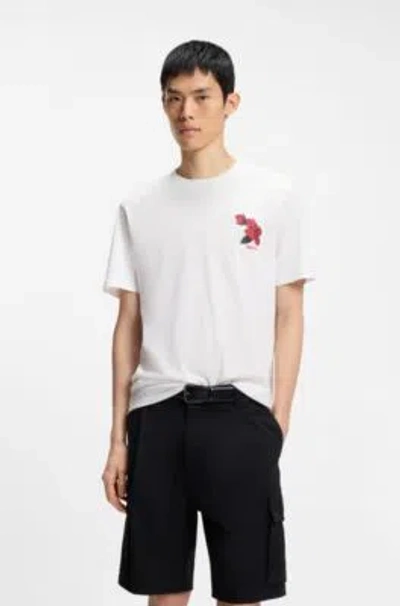 Hugo Boss Rose-artwork T-shirt In Cotton Jersey In White
