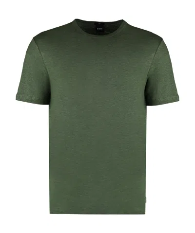 Hugo Boss Round-neck Linen T-shirt In Green