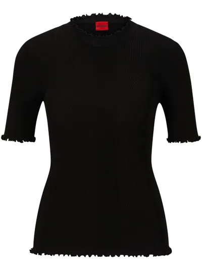 Hugo Boss Ruffle-trim Ribbed-knit Top In Black