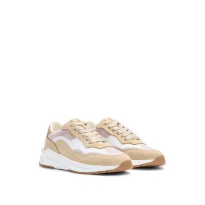 Hugo Boss Running-inspired Trainers With Suede And Mesh In Beige