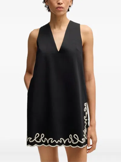 Hugo Boss Scalloped-hem Embroidered Dress In Black