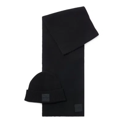 Hugo Boss Scarf And Beanie Hat Set With Embroidered-logo Badge In Black