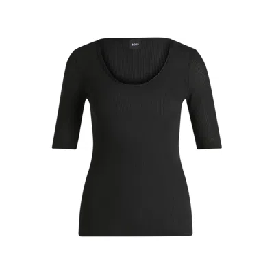 Hugo Boss Scoop-neck T-shirt In Ribbed Stretch Fabric In Black