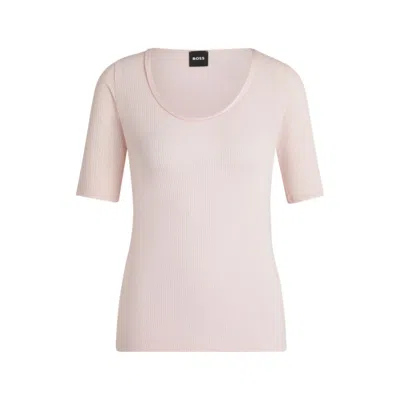 Hugo Boss Scoop-neck T-shirt In Ribbed Stretch Fabric In Pink
