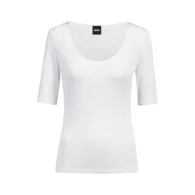 Hugo Boss Scoop-neck T-shirt In Ribbed Stretch Fabric In White