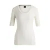 Hugo Boss Square-neck Short-sleeved Sweater In Ribbed Stretch Fabric In White