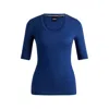 Hugo Boss Scoop-neck Top In Wool And Cotton In Blue