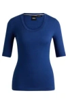 Hugo Boss Scoop-neck Top In Wool And Cotton In Light Blue