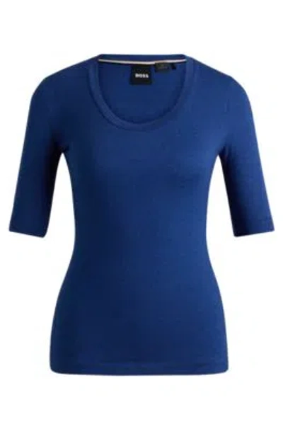 Hugo Boss Scoop-neck Top In Wool And Cotton In Light Blue
