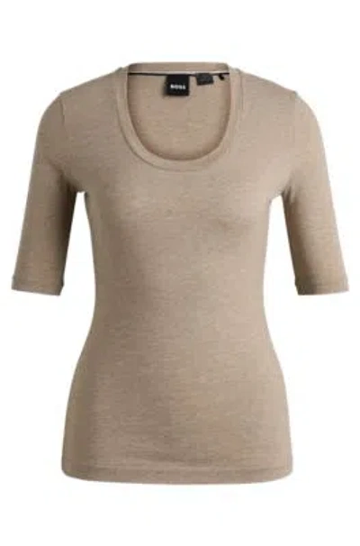 Hugo Boss Scoop-neck Top In Wool And Cotton In Light Grey