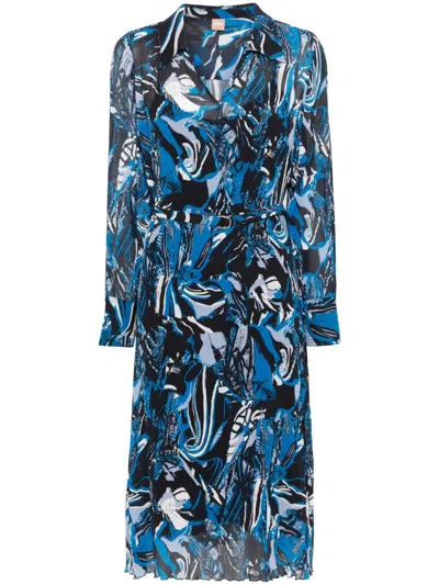 Hugo Boss Seasonal-print Pleated Midi Dress In Blue