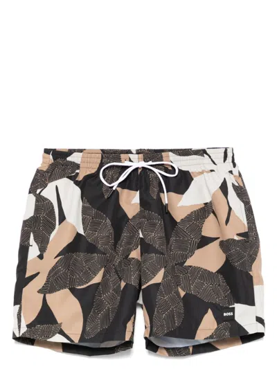 Hugo Boss Seasonal-print Swim Shorts In Black