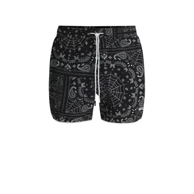Hugo Boss Seasonal-print Swim Shorts With Round Hem In Black