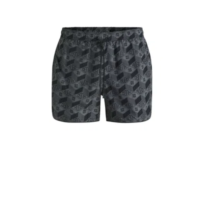 Hugo Boss Seasonal-print Swim Shorts With Round Hem In Grey
