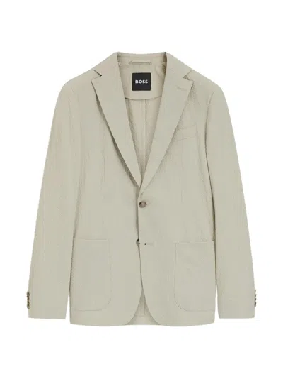 Hugo Boss Slim-fit Jacket In Stretch-cotton Seersucker In Neutral