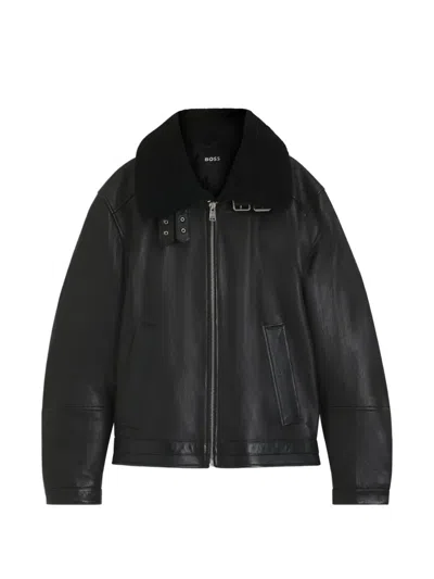 Hugo Boss Shearling-collar Zip-fastening Jacket In Black